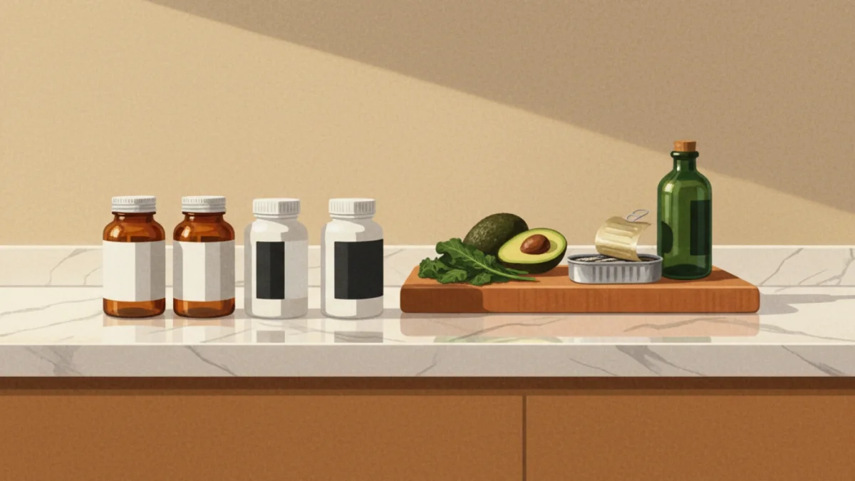 Five supplement bottles lined up on a sunlit kitchen counter with fresh fruits and vegetables in the background