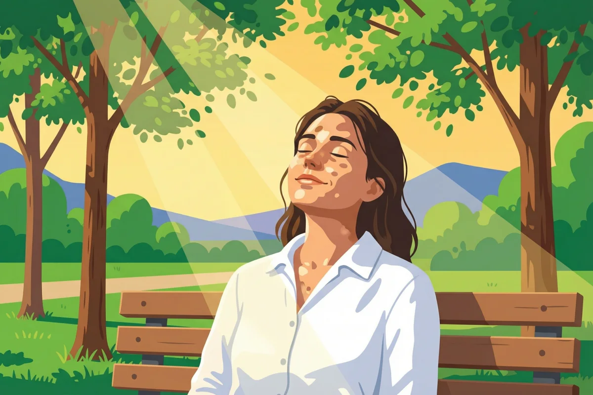 Person sitting on a park bench in warm sunlight with eyes closed, enjoying the sun for natural vitamin D