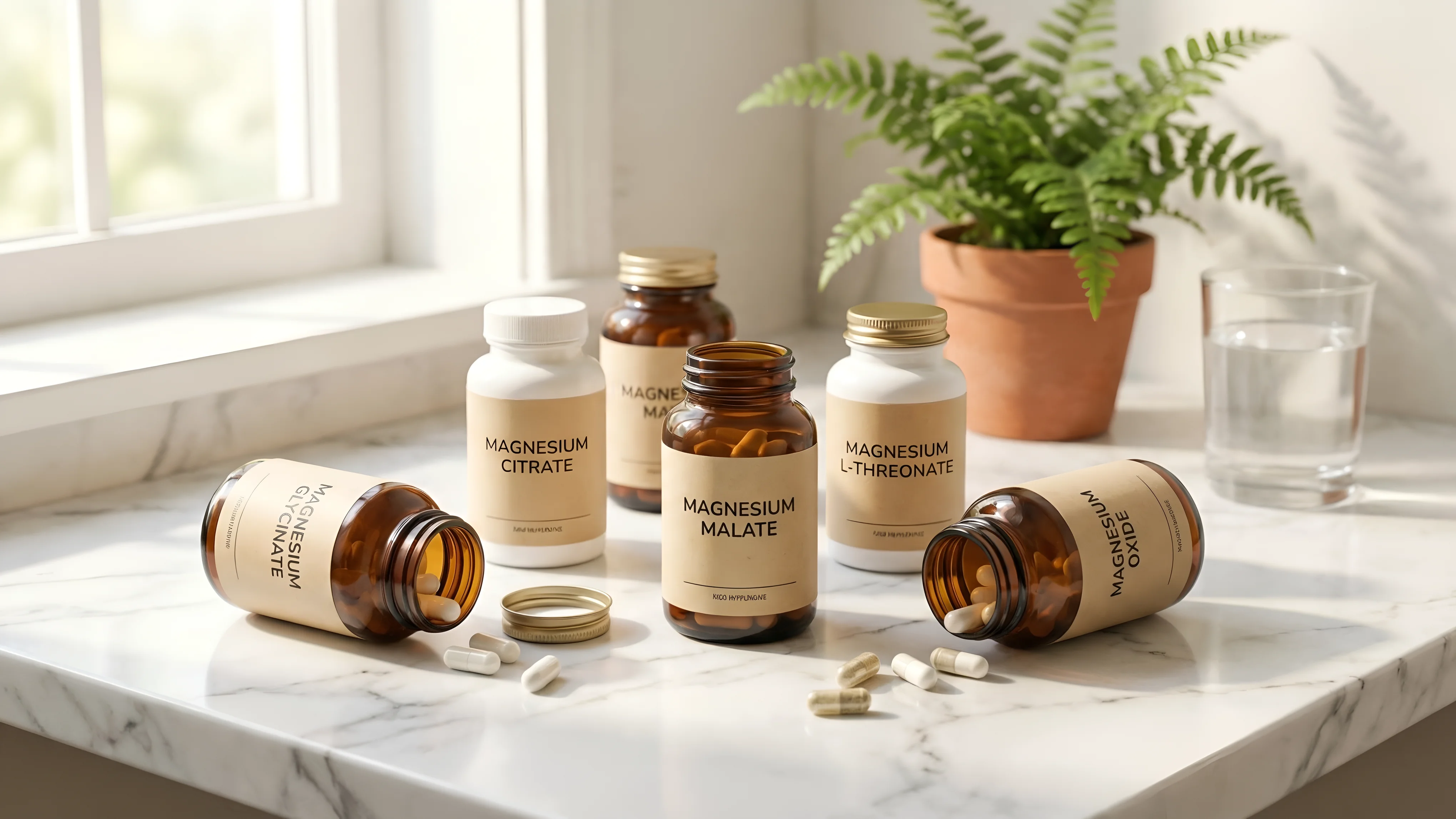 Several different magnesium supplement bottles and capsules arranged on a clean white marble countertop in soft natural morning light