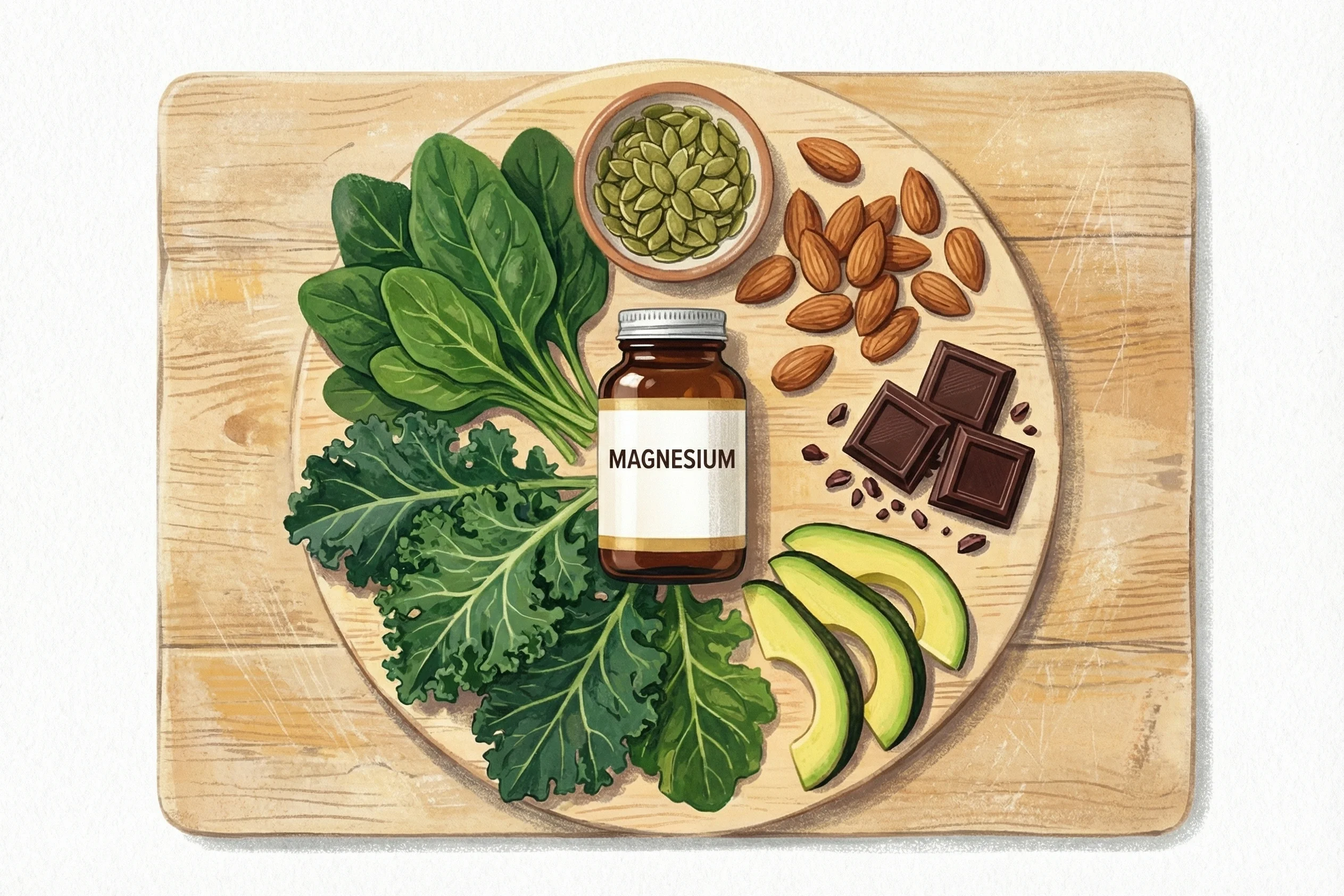 Magnesium-rich foods arranged on a wooden cutting board — leafy greens, pumpkin seeds, almonds, dark chocolate, avocado, and a magnesium supplement bottle