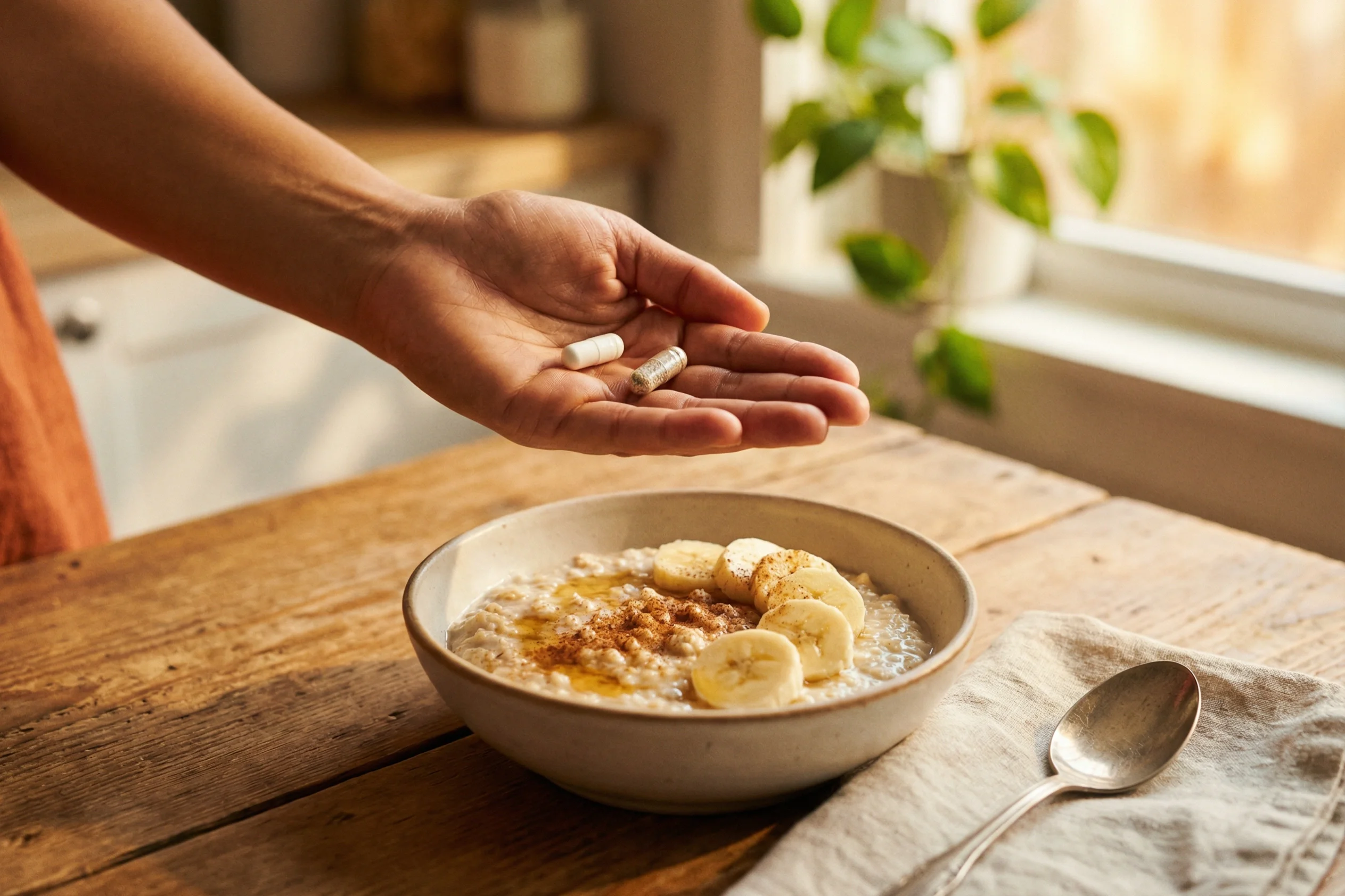 A hand holding magnesium supplement capsules over a wooden breakfast table with oatmeal and banana