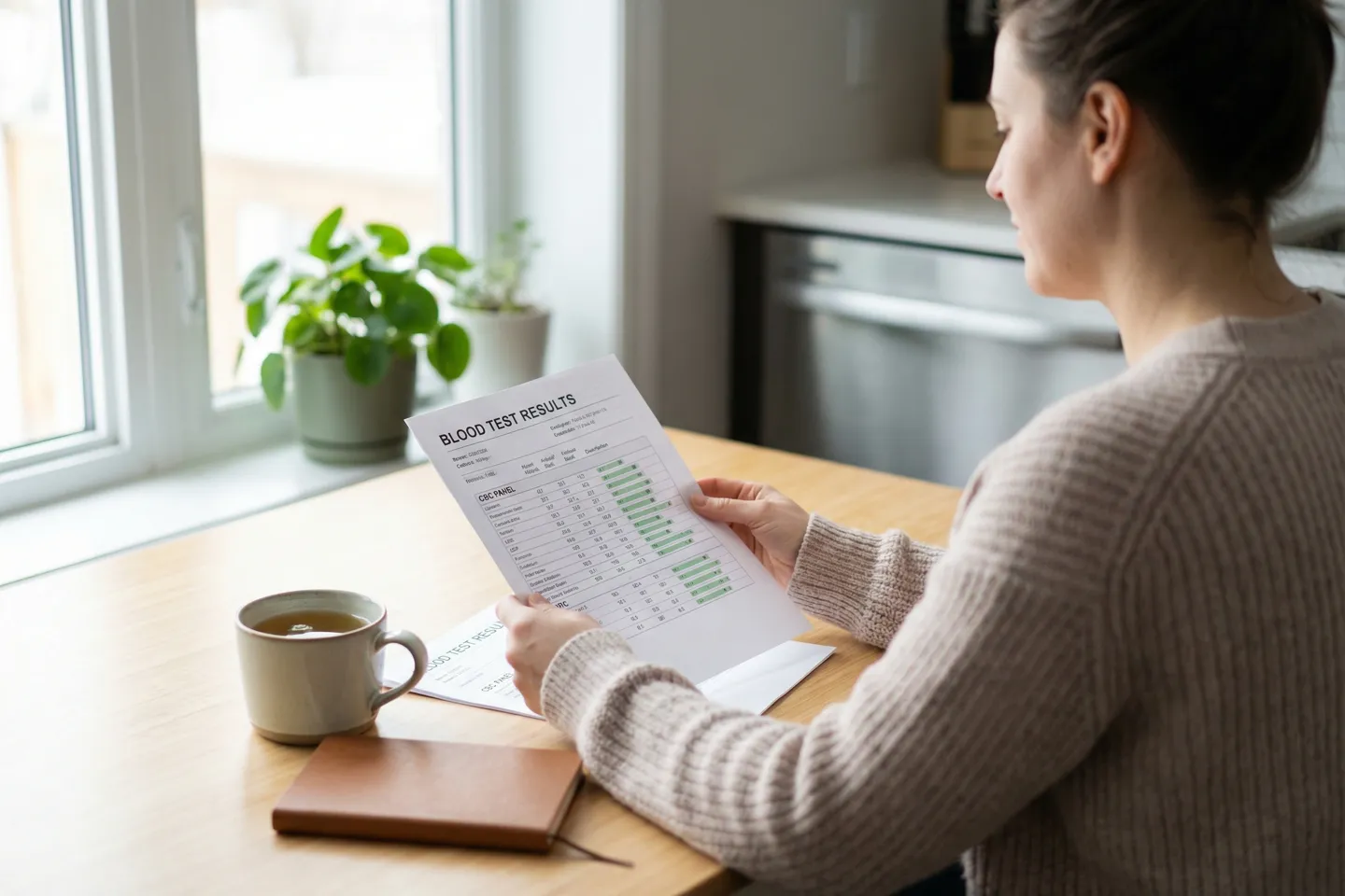 Woman reviewing blood test results at a bright kitchen table with a cup of tea and notebook nearby