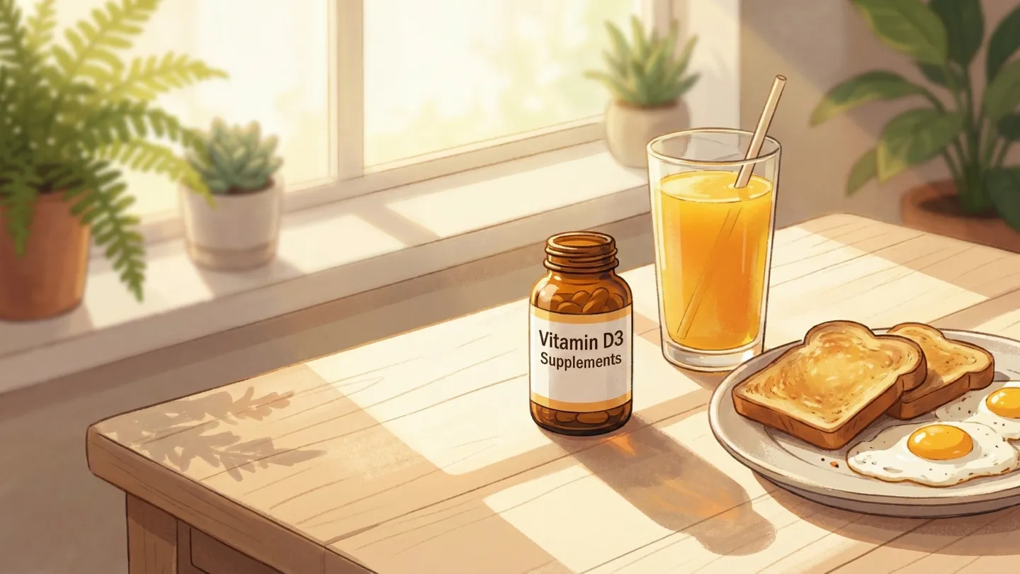 Warm morning light streaming through a window onto a breakfast table with vitamin D supplements and a glass of orange juice